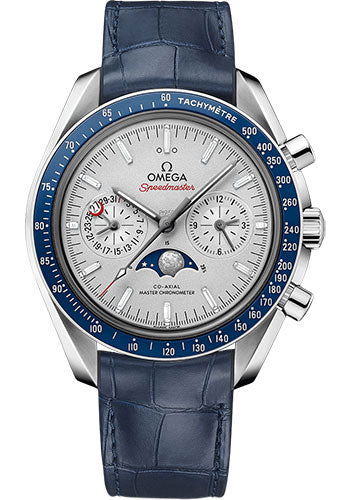 Omega Speedmaster Moonwatch Omega Co-Axial Master Chronometer Moonphase Chronograph - 44.25 mm Platinum Case - Platinum-Gold Diamond Dial - Blue Leather Strap - 304.93.44.52.99.004