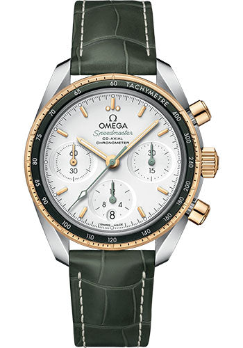 Omega Speedmaster 38 Co-Axial Chronograph Watch - 38 mm Steel And Yellow Gold Case - Silvery Dial - Green Leather Strap - 324.23.38.50.02.001