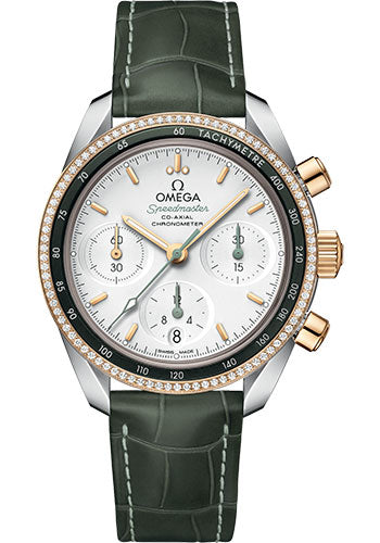 Omega Speedmaster 38 Co-Axial Chronograph Watch - 38 mm Steel And Yellow Gold Case - Dual Diamond Bezel - Silvery Dial - Green Leather Strap - 324.28.38.50.02.001