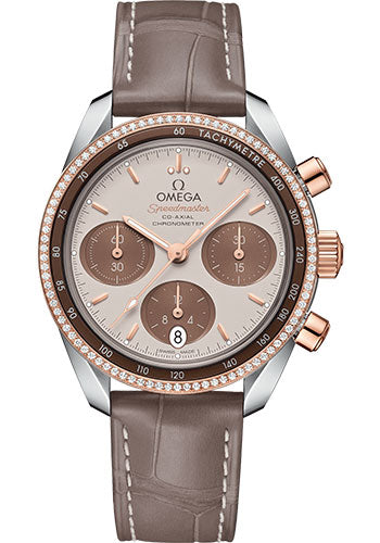 Omega Speedmaster 38 Co-Axial Chronograph Watch - 38 mm Steel And Sedna Gold Case - Dual Diamond Bezel - Cappuccino Dial - Taupe-Brown Leather Strap - 324.28.38.50.02.002