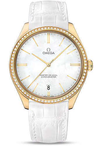 Omega De Ville Tresor Omega Master Co-Axial Watch - 40 mm Yellow Gold Case - Diamond Bezel - White Dial - White Leather Strap - 432.58.40.21.05.002